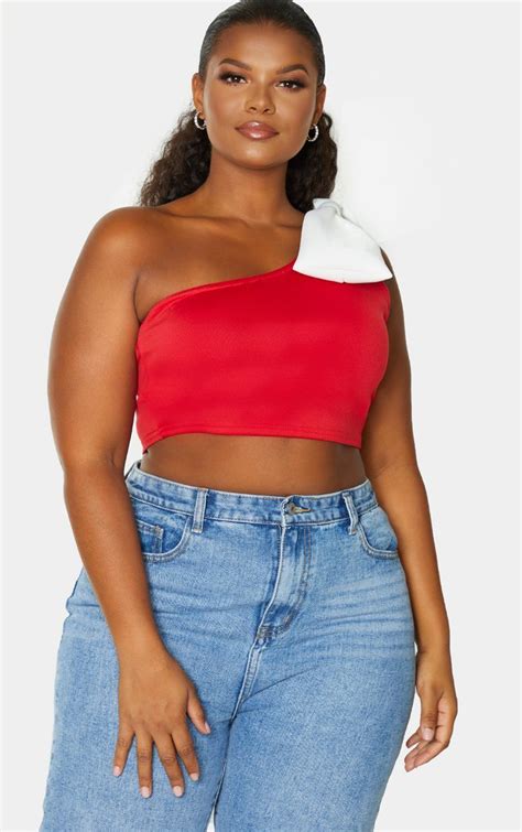 Plus Red Scuba One Shoulder Contrast Bow Detail Crop Top Trendy Fall