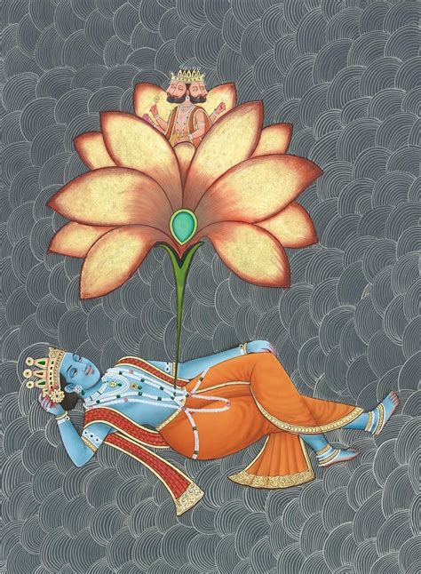 Vishnu In Cosmic Ocean As Brahma Is Born From A Golden Lotus Flower