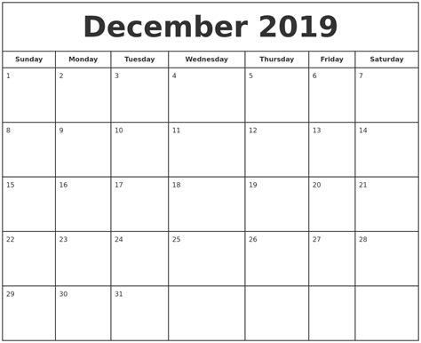 December 2019 Print Free Calendar