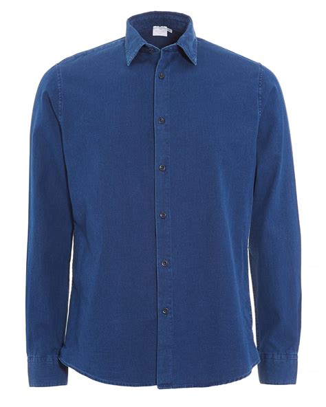 Sunspel Mens Shirt Indigo Blue Twill Cotton Oxford Shirt