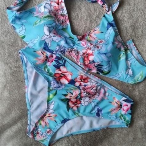 Blue Floral Bandage V Neck Bikini Sets Swimsuit Depop