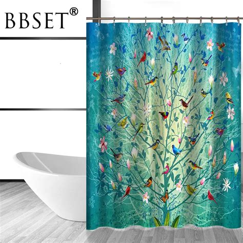 Cartoons Shower Curtain Colorful Birds And Flowers On The Tree Pattern Waterproof Multi Size