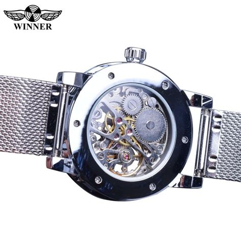 腕時計 Winner 男性機械式時計シルバークリスタルメッシュ鋼ストラップ腕時計の高級腕時計ビジネススポーツレロジオの Masculino Nmf006 13351good Time