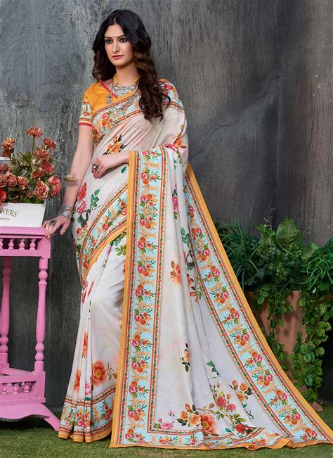 Buy Cream Digital Printed Saree Wedding Wear Digital Print Tussar