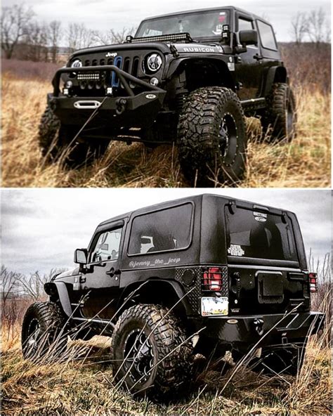 Two Pictures Of A Black Jeep In The Grass
