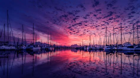 Harbor Purple Clouds Pink Sky Dock Ships Sunset Reflection Landscape