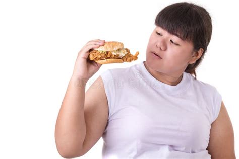 Fat Asian Woman Eating Fried Chicken Hamburger Isolated On White Stock Image Image Of Happy