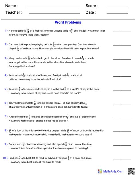 Adding And Subtracting Fractions Word Problems Worksheets