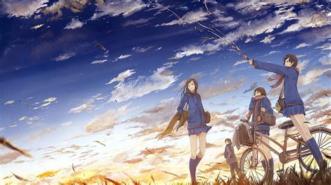 X Px Free Download HD Wallpaper Three Female Anime Character Standing On Grass Field