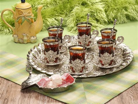 New Silver Turkish Tea Serving Set For Six People With Tray And Spoons