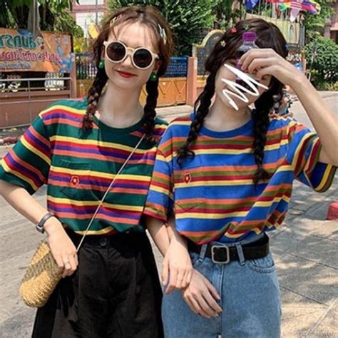 Rainbow Striped T Shirts Women S Casual Korean Fashion Short Sleeve Loose Tees Shopee Singapore