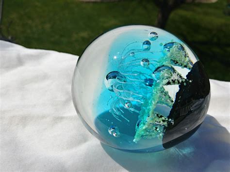 Studio Made Glass Paperweight Controlled Bubbles Blue Green Black