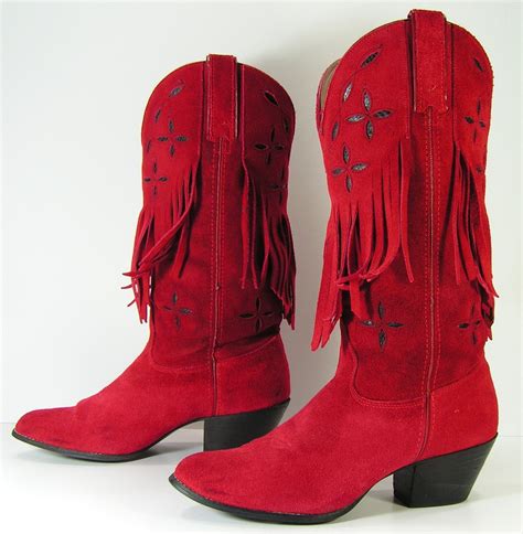 Red Cowboy Boots Womens 8 B Tassels Suede Leather Fringe