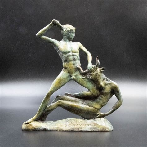 Theseus And The Minotaur Bronze Statue Greek Mythology Hero Killing The Minoan Monster Bull