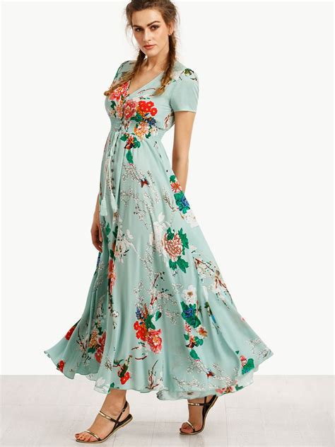 Shirt Waist Tassel Tie Button Up Botanical Dress Floral Maxi Dress Floral Print Maxi Dress