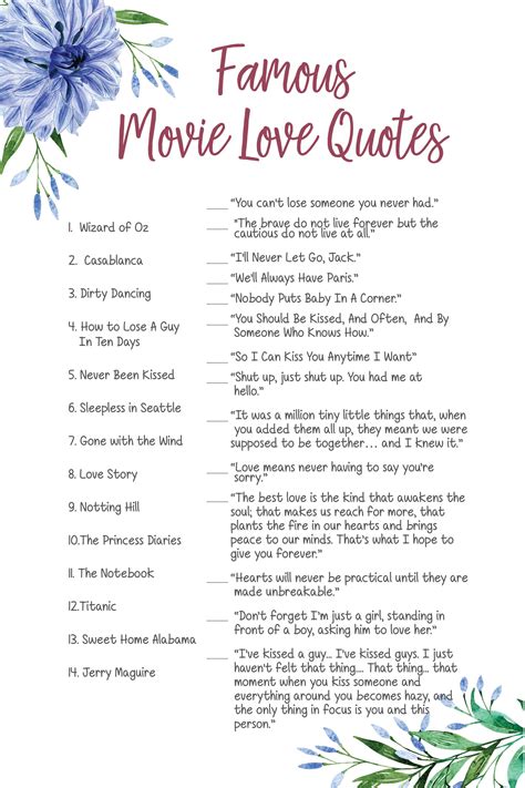 Movie Love Quotes Wedding Shower Game Bridal Shower Games Etsy