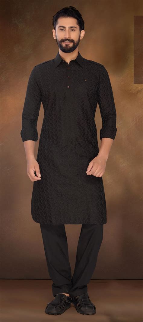 1518492 Black And Grey Color Poly Cotton Fabric Pathani Suit
