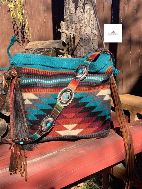 Turquoise And Black Aztec Saddle Blanket Bag Leather Fringe Handbag