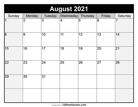 Free Blank August Calendar 2021