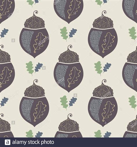 Stylized Vector Acorn And Oak Leaves Seamless Pattern Background