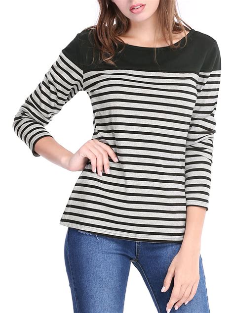 Unique Bargains Unique Bargains Womens Color Block Striped Knit Top Long Sleeve T Shirt