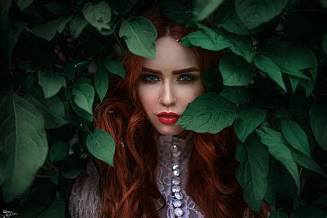 wallpaper face leaves redhead green eyes georgy chernyadyev jungle head color flower