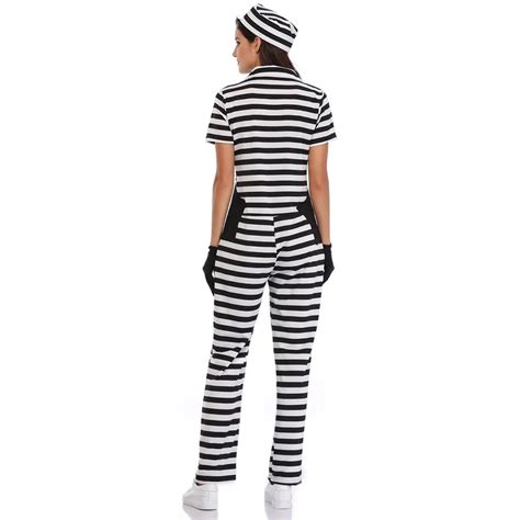 adult women convict prisoner costume cosplay outfit black white stripes jumpsuit tights fantasia