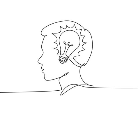 One Continuous Line Drawing Of Human Man With Light Bulb Brain Inside