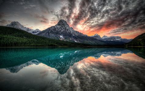 Papéis De Parede Canadá Lago Montanhas Pôr Do Sol Reflexão Da água