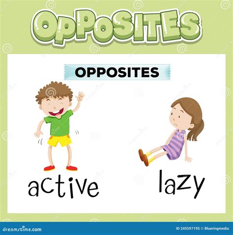Words Lazy And Active Flashcard With Cartoon Characters Opposite