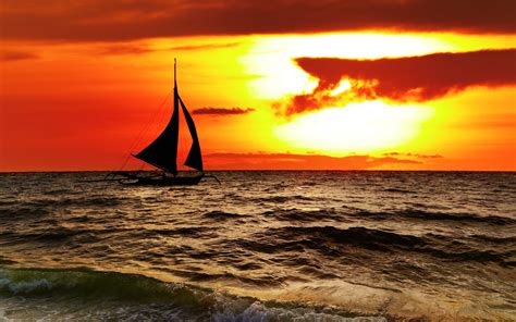 Sea Ocean Boat Yacht Sky Clouds Sunset Orange Landscapes Nature Earth