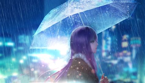 Download Umbrella Rain Purple Hair Anime Original Hd Wallpaper By Fufu