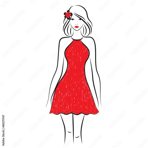 Fashion Model Sketch Silhouette Of Beautiful Woman In Outline Style
