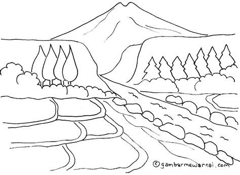 Mewarnai Gambar Pemandangan Gunung dan Sawah - Gambar Mewarnai - Gambar