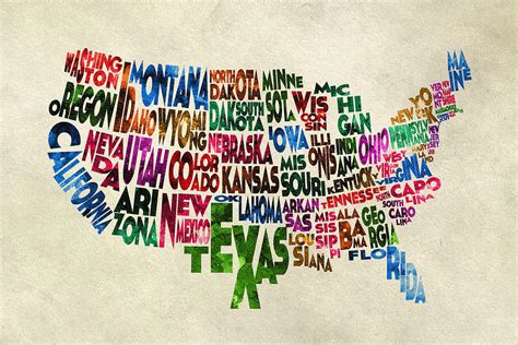 States Of United States Typographic Map Parchment Style Painting By