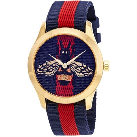 Gucci G Timeless Blue And Red Dial Wth An Embroidered Bee Ladies Watch