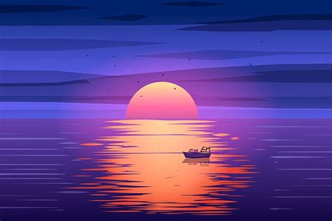 Fishing Boat Sunset Vector Boat Illustration Ocean Illustration