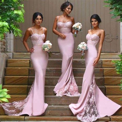 Sweetheart Bridesmaid Dresses With Lace Appliques Pink Lace Bridesmaid Gowns With Sweep Train