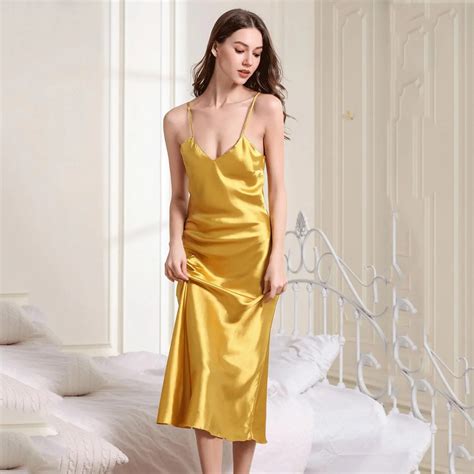 Fleepmart Sexy Long Sleep Dress Satin Rayon Sleepwear Solid Nightie Nightgown Women Nightdress