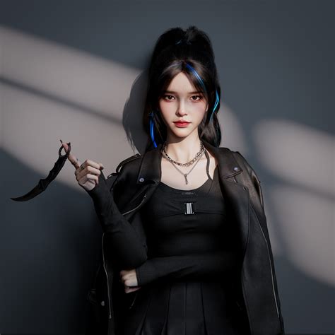 Wallpaper Shuai Liu CGI Women Dark Hair Looking At Viewer Jacket Black Clothing Shadow