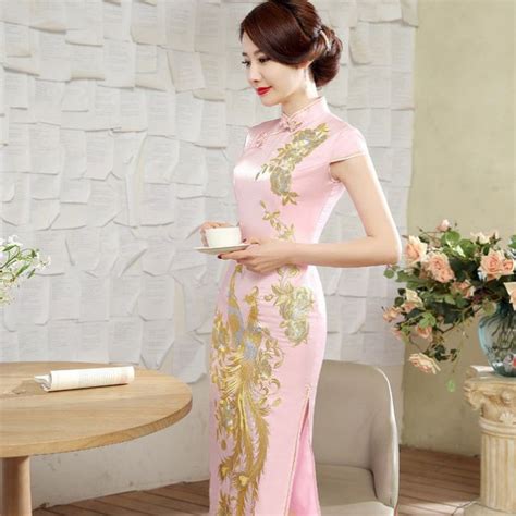 Impressive Phoenix Embroidery Qipao Cheongsam Dress Pink