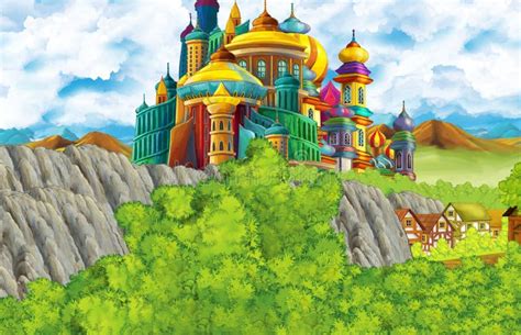 Cartoon Scene With Kingdom Castle And Mountains Valley Near The Forest