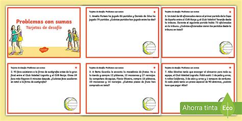 Tarjetas de desafío matemático Problemas deportivos con sumas