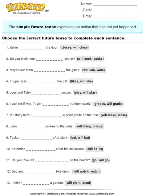 Sentence completion english grammar worksheet for class 3. Complete Sentences by Choosing Correct Future Tense of Verb Worksheet - Turtle Diary