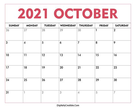 October 2021 Calendar Printable Desk And Wall