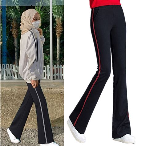 Muslimah Casual Palazzo Pants Slim Bootcut Stripe Pants Plus Size Korean Fashion Women Long