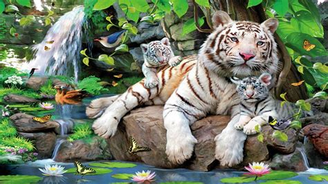 White Tiger And Cubs In Paradise Hd Wallpaper Background
