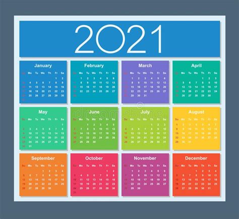 Calendario Dellanno 2021 La Settimana Inizia Domenica Illustrazione