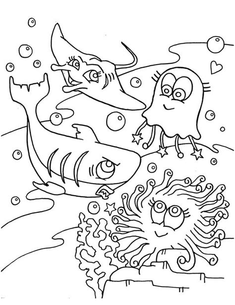 A Blue Shark And Other Sea Creatures Coloring Page Kids