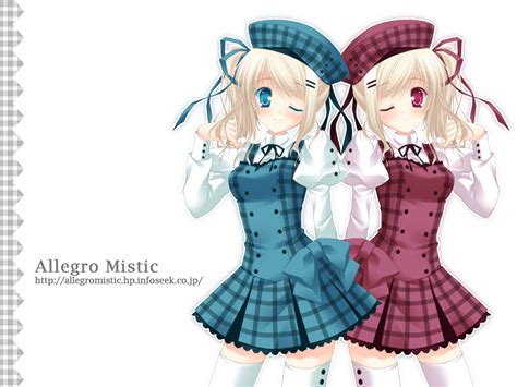 2girls Allegro Mistic Blonde Hair Blue Eyes Red Eyes Ribbons Skirt Tagme Thighhighs Twins